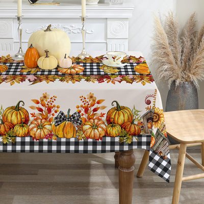 cusugbaso Fall Tablecloth 52x70 Inches Farmhouse Pumpkins Fall Decor Water Resistant Black Plaid Thanksgiving Table Cloth Rectangle for Party Dinner