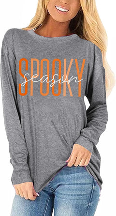Beopjesk Long Sleeve Fall T-Shirt for Women Family Halloween Thanksgiving Tops Casual Thankful Pumpkin Turkey Graphic Tees(GreyXL)