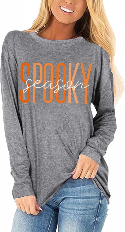 Beopjesk Long Sleeve Fall T-Shirt for Women Family Halloween Thanksgiving Tops Casual Thankful Pumpkin Turkey Graphic Tees(GreyXL)