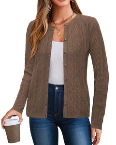 Arach&Cloz Womens 2024 Lightweight Button Down Long Sleeve Business Casual Clothes Crew Neck Soft Knit Fall Cardigan Winter Thanksgiving Fashion Outfits Trendy Ribbed Sweater Tops Brown