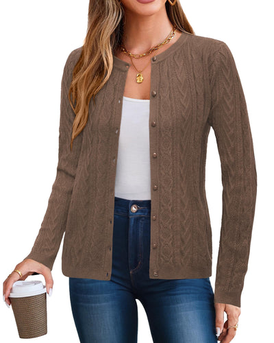 Arach&Cloz Womens 2024 Lightweight Button Down Long Sleeve Business Casual Clothes Crew Neck Soft Knit Fall Cardigan Winter Thanksgiving Fashion Outfits Trendy Ribbed Sweater Tops Brown