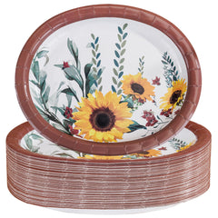 WDF 50Pack Fall Plates Paper - 10" x 12" Sunflower Oval Paper Plates Thanksgiving Paper Plates Heavy Duty-Large Disposable Paper Plates for thanksgiving