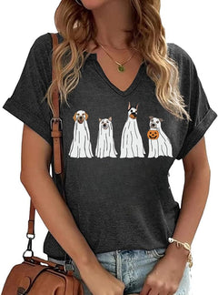 Women Fall T-Shirt V Neck Halloween Pumpkin Shirts Cute Autumn Thanksgiving Graphic Tee Tops(MDog-Dark Grey)