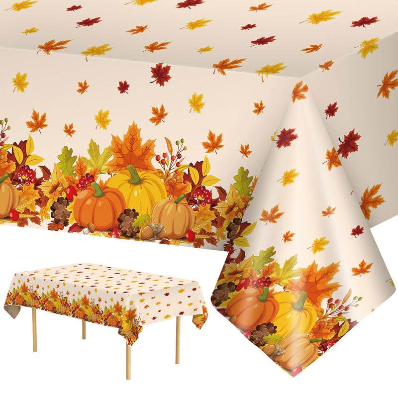 Lot de 2 nappes de Thanksgiving en plastique - Nappes jetables d'automne rectangulaires avec motifs de citrouilles et de feuilles d'érable pour décorations de table, fête et réception, 137 x 274 cm