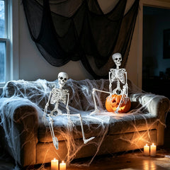 LCZTN 3 Pack 36in Halloween Skeletons,5 Pack 30x72in Black Creepy Cloth,300 sqft Spider Webs with 20 Fake Spiders,Halloween Decorations Outdoor and Indoor Decor Kit
