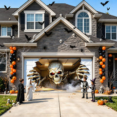 Halloween Garage Door Cover 16x7 FT, Realistic Garage Scene Design