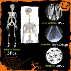 LCZTN 3 Pack 36in Halloween Skeletons,5 Pack 30x72in Black Creepy Cloth,300 sqft Spider Webs with 20 Fake Spiders,Halloween Decorations Outdoor and Indoor Decor Kit