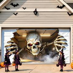 Halloween Garage Door Cover 16x7 FT, Realistic Garage Scene Design