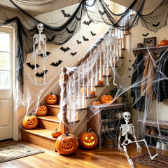 LCZTN 3 Pack 36in Halloween Skeletons,5 Pack 30x72in Black Creepy Cloth,300 sqft Spider Webs with 20 Fake Spiders,Halloween Decorations Outdoor and Indoor Decor Kit
