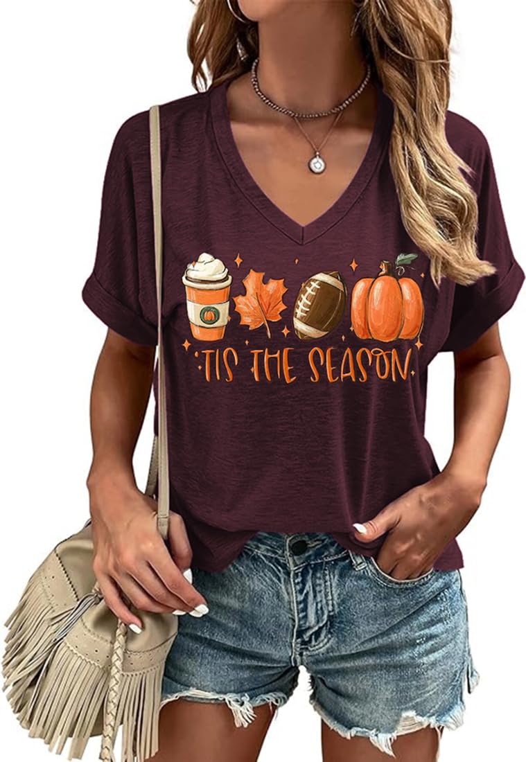 Tis The Season V Neck Shirt Women Halloween Pumpkin Leaf Latte Thanksgiving Football T-Shirt Fall Game Day Causal Tee Tops(XL05-purple3)
