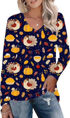 Happy Thanksgiving Shirts Women Turkeys Thankful Grateful Blessed Tops Pumpkin Fall Turkey Gobble Blouse