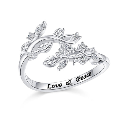 DAOSHANG 925 Sterling Silver Cubic Zircon Olive Branch Peace Adjustable Plant Rings elegant leaf open ring Crossover Carved Love & Peace Birthday Festivals Thanksgiving Day Present For Women