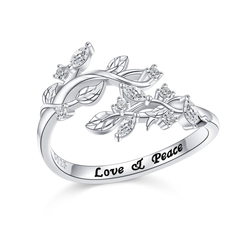 DAOSHANG 925 Sterling Silver Cubic Zircon Olive Branch Peace Adjustable Plant Rings elegant leaf open ring Crossover Carved Love & Peace Birthday Festivals Thanksgiving Day Present For Women