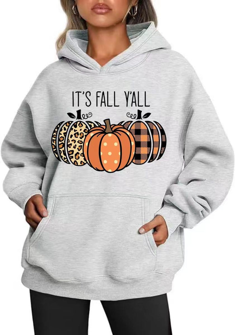 Womens Its Fall Yall Oversized Hoodies Fleece Sweatshirts Fall Leopard Polka Dot Pumpkin Halloween Thanksgiving Long Sleeve Pullover with Pocket(LC-Grey)